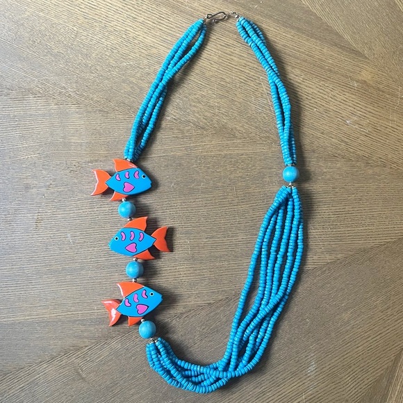 VINTAGE Blue Wooden Bead Necklace with Hand-Painted Fish - Picture 1 of 8